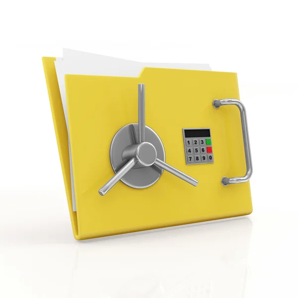 Složky bezpečnostní koncept. žluté složky s bezpečné dveře izolované na bílém pozadí — Stock fotografie