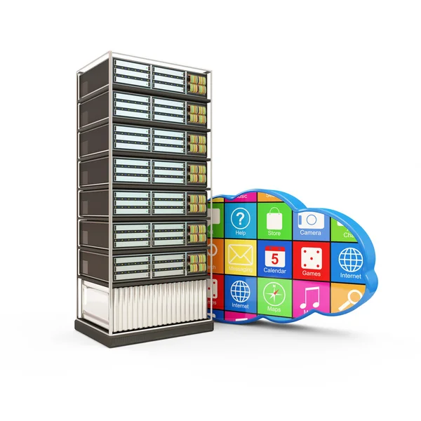 Server rek met cloud computing symbool geïsoleerd op witte achtergrond — Stockfoto