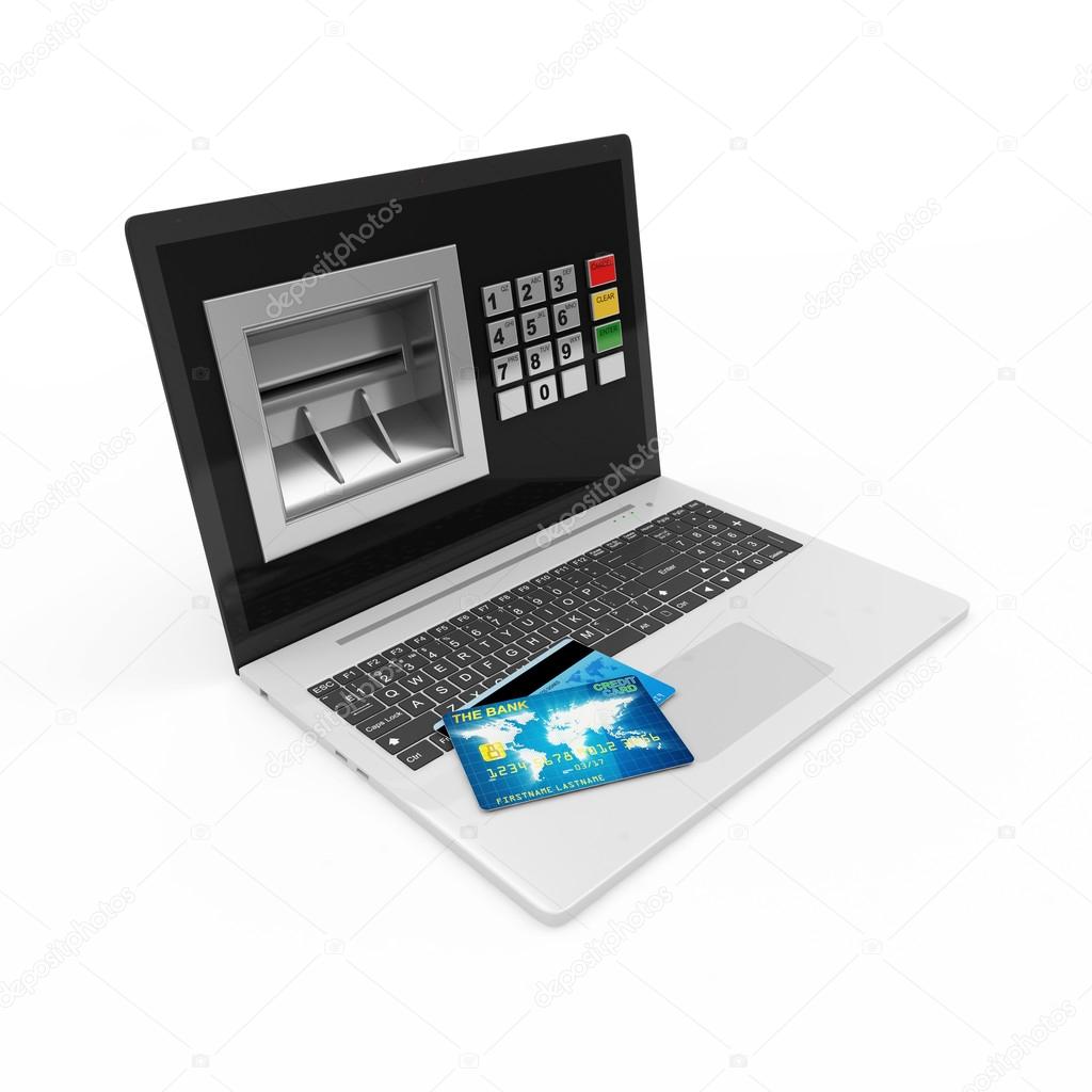 Modern Laptop with ATM and Credit Card isolated on white background. E-commerce concept