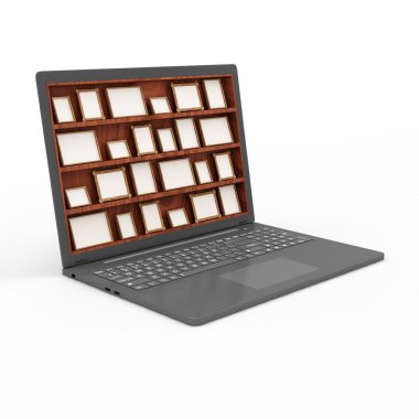 ahşap raf boş resim çerçeveleri ile modern dizüstü bilgisayar