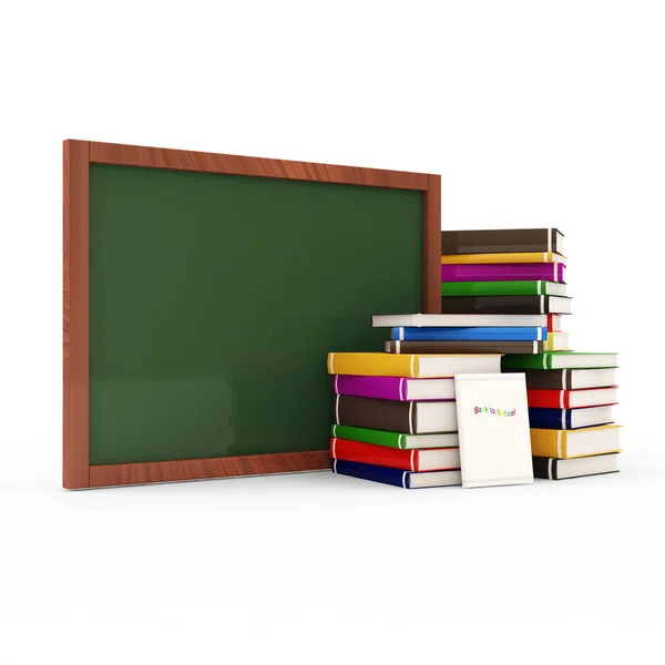Chalkboard verde com pilha de livros coloridos isolados sobre fundo branco — Fotografia de Stock