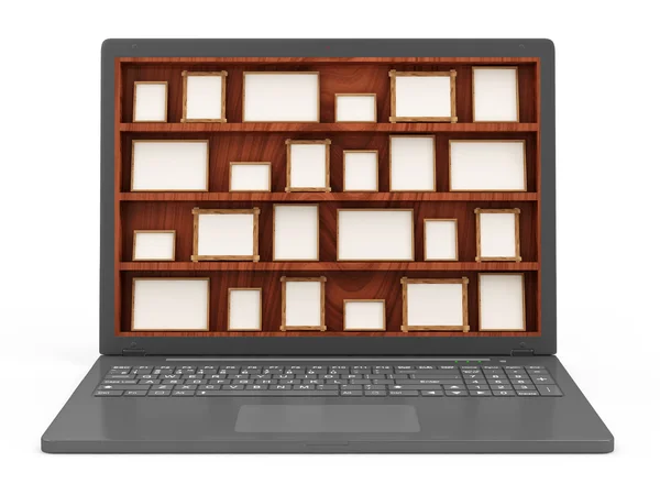 Modern Laptop-val üres fotókeret fából készült polcon — Stock Fotó