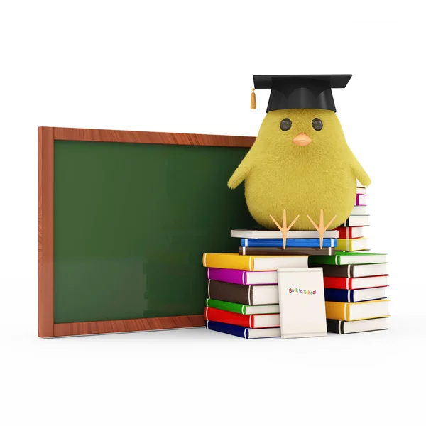 Little Chicken Sitting on Books near the Blank Chalkboard isolado no fundo branco — Fotografia de Stock