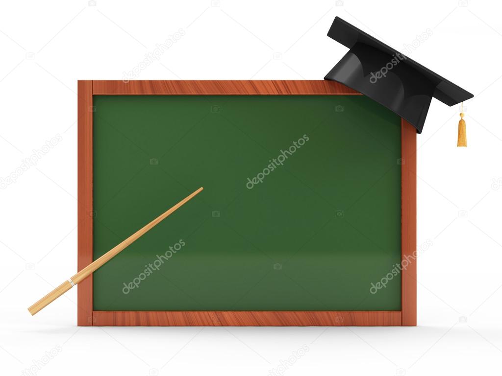 Green Chalkboard with Graduation Cap and Pointer isolated on white background