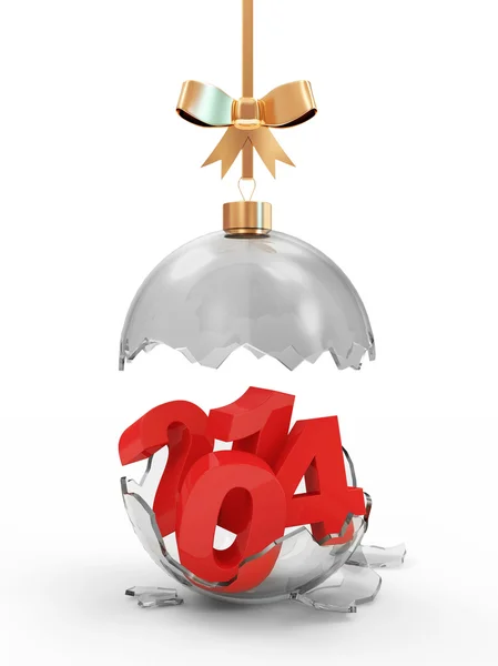 Broken Glass Christmas Ball 2014 with Golden Bow isolated on white background — Stock Photo, Image