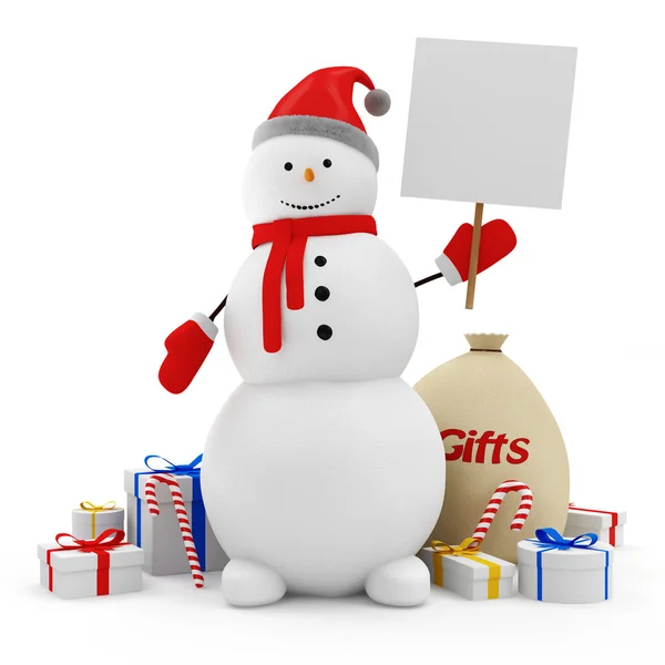 Happy Snowman with Blank Board and Christmas Accessories isolated on white background — Stock Photo, Image