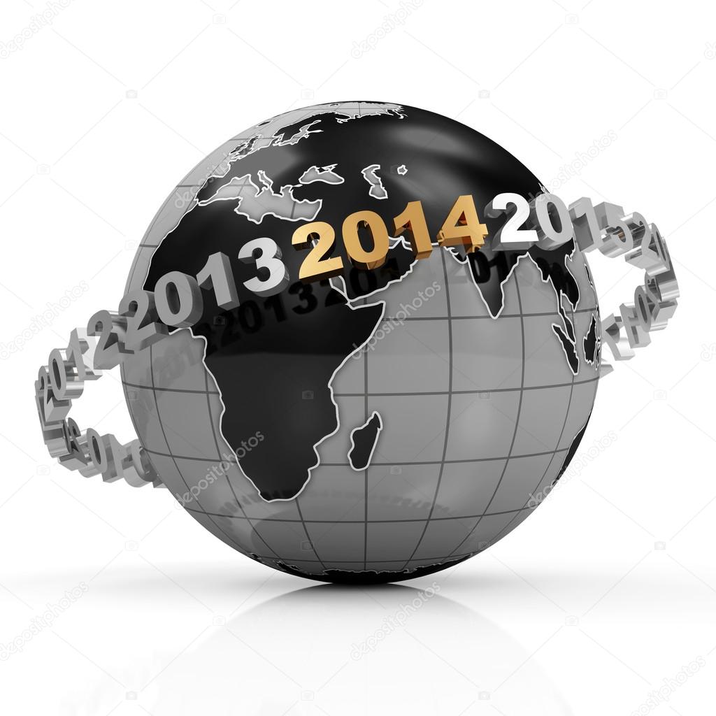 New Year 2014 around Earth planet isolated on white background