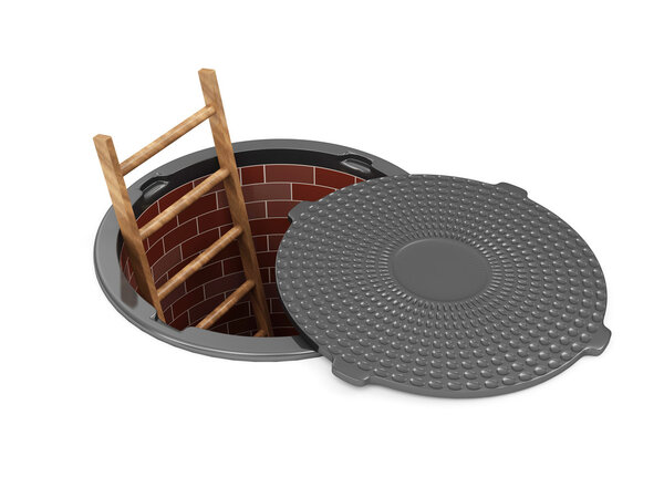 Opened Street Manhole with a ladder inside over white background