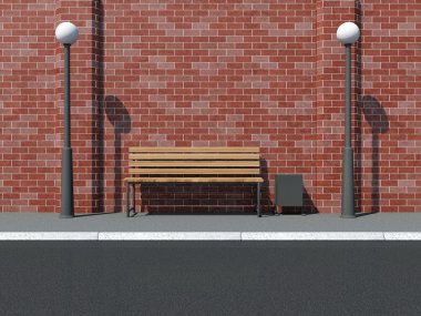illustrazione astratta della strada con lampade panca e street vicino al muro di mattoni