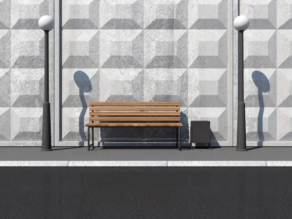 Abstrakte Darstellung der Straße mit Bank und Straßenlaternen in der Nähe der Betonmauer — Stockfoto