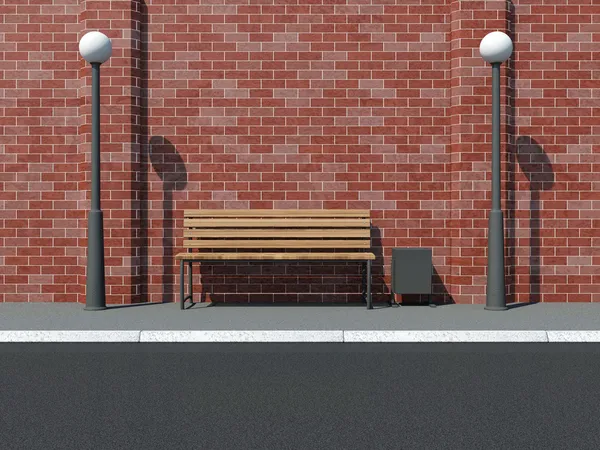 Абстрактная иллюстрация улицы со скамейкой и светофором у стены Брика — стоковое фото