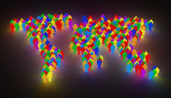 Beleuchtete Weltkarte aus farbenfrohen Menschen. — Stockfoto
