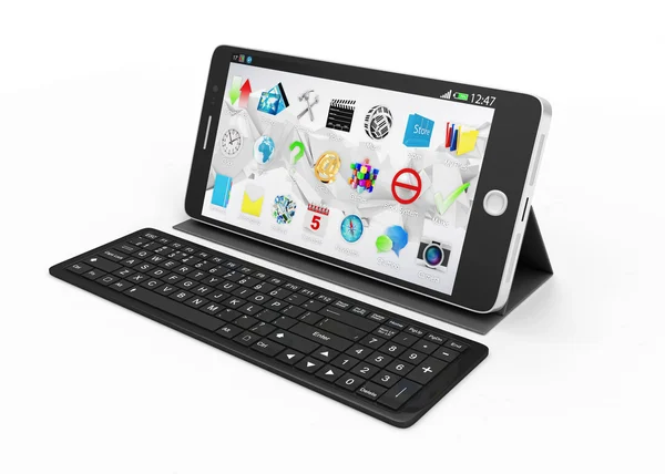Touchscreen Smartphone on Stand with Keyboard — Stock Photo, Image