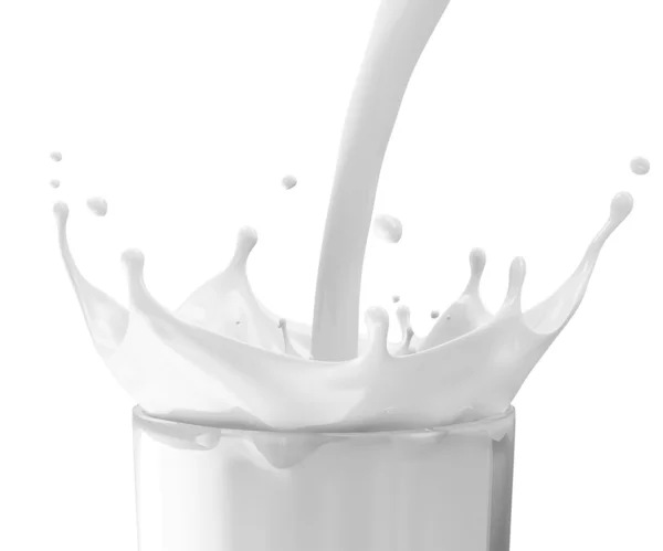 Glas Milch mit Gießspritzer isoliert auf weißem Hintergrund — Stockfoto