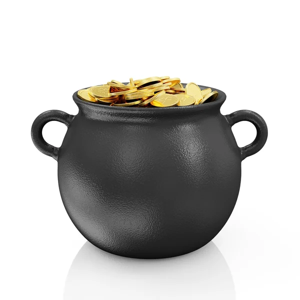 Ijzeren pot met gouden munten — Stockfoto