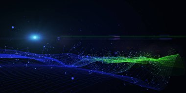 Çokgen renk ızgarası olan soyut arkaplan ve koyu mavi üzerine parla. Analitik algoritmalar. Konsept hesaplanıyor. İş, bilim ve teknoloji afişi. 