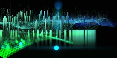 Soyut teknoloji arka planı, çokgen teknoloji ızgarası ve bulanık siyah çizgiler. Analitik veri algoritmaları. Konsept hesaplanıyor. İş, bilim ve teknoloji afişi. Büyük Veri.