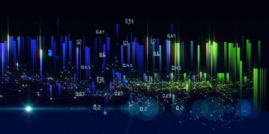 Karanlıkta çokgen teknoloji ızgarası, veri ve bulanık çizgilerle soyut bir arkaplan. Analitik veri algoritmaları. Konsept hesaplanıyor. İş, bilim ve teknoloji afişi. Büyük Veri.