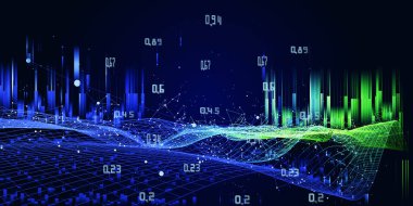 Soyut teknoloji arka planı, çokgen teknoloji ızgarası, veri ve karanlıkta bulanık çizgiler. Analitik veri algoritmaları. Konsept hesaplanıyor. İş, bilim ve teknoloji afişi. Büyük Veri.