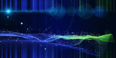 Soyut teknoloji arka planı, çokgen teknoloji ızgarası ve karanlıkta bulanık çizgiler. Analitik algoritmalar. Konsept hesaplanıyor. İş, bilim ve teknoloji afişi. Büyük Veri.