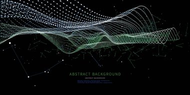 Siyahın üzerindeki noktaları birleştiren çokgen şebeke ile soyut arkaplan. Algoritma konsepti hesaplanıyor. İş, bilim ve teknoloji için yatay pankart. 