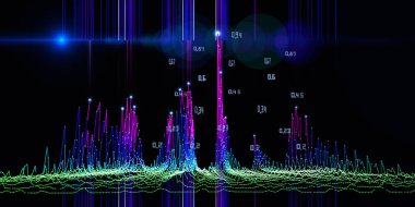 Soyut teknoloji arka planında çokgen diyagram ızgarası ve karanlıkta bulanık çizgiler. Analitik veri algoritmaları. Konsept hesaplanıyor. 