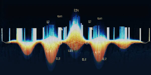 有彩色声波和暗色数据的背景摘要 从技术上讲 声波和光斑 音乐抽象波浪招贴画设计 — 图库照片