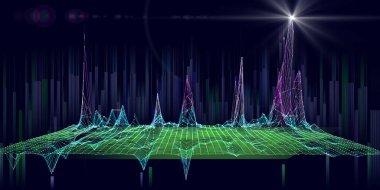 Kablo şebekesine sahip soyut teknoloji arka planı ve koyu mavi üzerinde bulanık çizgiler. Analiz araştırmaları 3 boyutlu algoritmaların görsel sunumu. Konsept hesaplanıyor. İş, bilim ve teknoloji afişi. Büyük Veri.