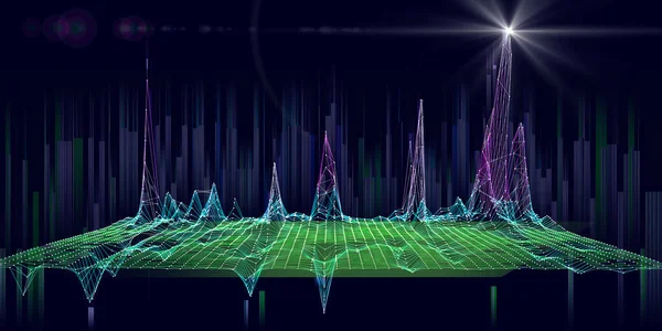 와이어 프레임 그리드와 청색의 선으로 연구의 비주얼 프레젠테이션 알고리즘 컴퓨팅 — 스톡 사진