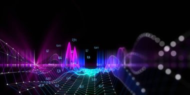 Siyah üzerine grafik dijital araştırma verisi olan soyut dijital arkaplan. Analitik hesaplama konsepti. İş, bilim ve teknoloji afişi. Büyük Veri.