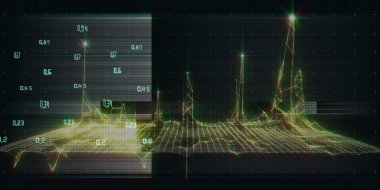 Parlak kablo çerçeveli soyut teknoloji arka planı ve karanlık hakkında veriler. Analitik dijital algoritmaların görsel sunumu. Konsept hesaplanıyor. İş, bilim ve teknoloji afişi. Büyük Veri.