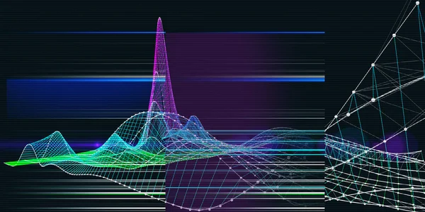 Fond Numérique Abstrait Avec Grille Graphique Lignes Couleur Sur Noir — Photo