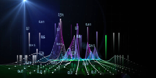 Big Data. Abstract technology digital background with data graph and lines on black. Analytics computing concept.Banner for business, science and technology. 