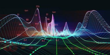 Soyut teknoloji arkaplanı ve renkli kablo grafiği ile veriler. Analiz çizgileri algoritmalarının görsel sunumu. Büyük Data. Konsept hesaplanıyor. İş, bilim ve teknoloji afişi. 