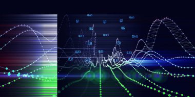 Noktalı defokusun kablo grafiğiyle soyut teknoloji arka planı. Analitik veri algoritmalarının görsel sunumu. Büyük Data. İş, bilim ve teknoloji afişi.