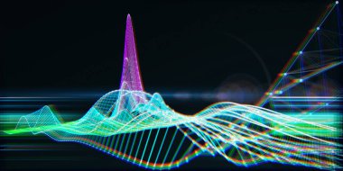 Grafik ve siyah üzerine odaklanmış renk çizgileri olan soyut dijital arkaplan. Analitik hesaplama konsepti. Büyük Data. İş, bilim ve teknoloji afişi. 