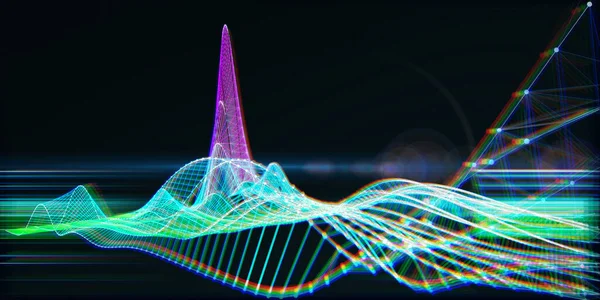 Grafik ve siyah üzerine odaklanmış renk çizgileri olan soyut dijital arkaplan. Analitik hesaplama konsepti. Büyük Data. İş, bilim ve teknoloji afişi. 