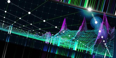 Büyük veri. Siyah üzerine bükme renk ızgarası olan soyut bir arkaplan. Analitik 3D algoritmaların görsel sunum ekranı. İş, bilim ve teknoloji veri analizi için pankart.  