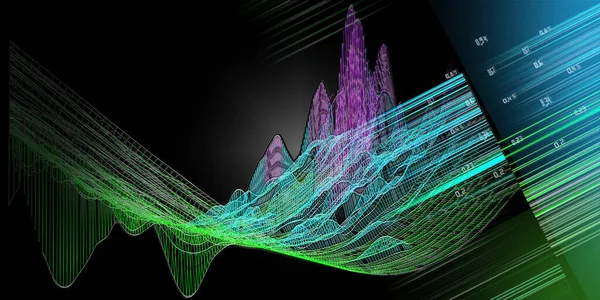 暗い上に色グリッドと線を曲げ抽象的な背景 分析3Dアルゴリズムの視覚的なプレゼンテーション ビジネス 科学技術データ分析のためのバナー ビッグデータ — ストック写真