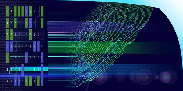 Abstract  background with bending color grid and data. Visual presentation screen of analytics 3d algorithms.  Banner for business, science and technology data analytics representation. Big data.