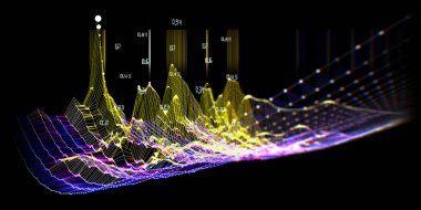 Siyah üzerine yoğunlaşmayan bükme ızgarası olan soyut teknoloji şebekesi. Büyük veri. Analitik veri algoritmalarının görsel sunumu. İş, bilim ve teknoloji veri analizi için pankart. 