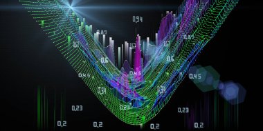 Bükme ızgarası ve karanlıkta bulanık çizgiler olan soyut bir arkaplan. Analitik 3d kablo algoritmalarının görsel sunum konsepti. İş, bilim ve teknoloji veri analizi sunumu için afiş. Büyük veri.