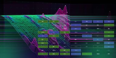 Sanal ekran verileri ve bulanık çizgilerle soyut arkaplan. Analitik veri ızgara algoritmalarının görsel sunumu. İş, bilim ve teknoloji afişi. Büyük Veri. 