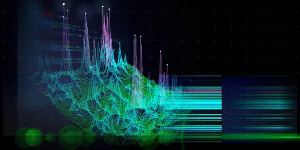 带弯曲彩色三维网格的文摘背景和数据 大数据技术概念 对海量数据分析的可视化演示 科学和技术数据分析代表横幅 — 图库照片