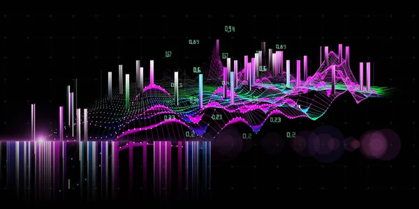 Abstract technology grid  background with connecting dots and blurred lines on black. Big data. Visual 3d presentation of analytics data algorithms. Banner for business, science and technology data analytics representation.