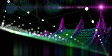 Noktalardan ve verilerden renk şebekesini büken soyut teknoloji arka planı. Analitik algoritmaların görsel sunumu. İş, bilim ve teknoloji veri analizi sunumu için afiş. Büyük veri. 