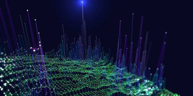 Soyut arkaplan çizgileri olan sanal grafik ızgarası. 3 boyutlu algoritmaların sunum konsepti. Büyük Data. İş, bilim ve teknoloji afişi. 