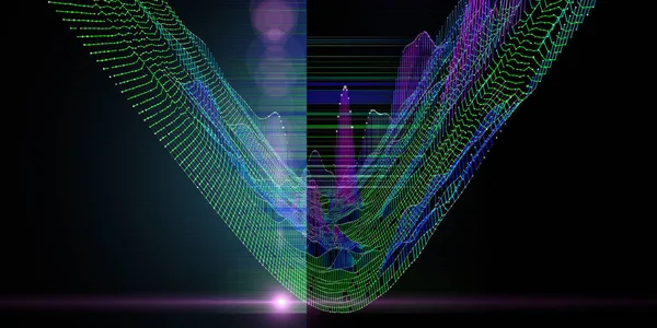 曲げ色グリッドと暗い上のぼやけた線で抽象的な背景 分析3Dアルゴリズムの視覚的なプレゼンテーションの概念 ビジネス 科学技術データ分析のためのバナー ビッグデータ — ストック写真