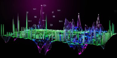 Çizgiler ve noktalarla soyut arkaplan panosu sanal renk grafik ızgarası. Büyük Data. 3 boyutlu algoritmaların sunum konsepti. İş, bilim ve teknoloji afişi. 