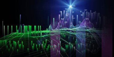 Abstract  background with color 3d grid and data on black. Big data. Technology concept. Visual presentation analysis of graph data. Banner for business, science and technology data analytics representation.  